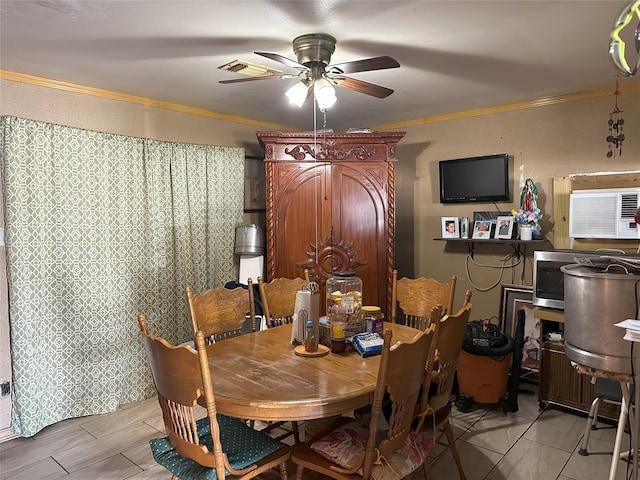 dining room featuring crown molding, ceiling fan, and a wall unit AC