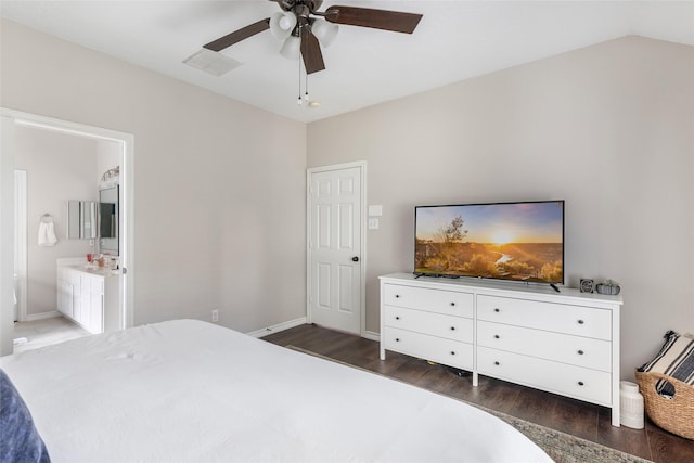 18406 Bristol Bay Ct, Humble, TX 77346 - bedroom featuring wood finished floors, ensuite bathroom, baseboards, and ceiling fan