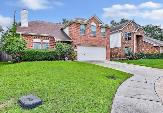 18406 Bristol Bay Ct, Humble, TX 77346 - traditional-style home with brick siding, a chimney, a garage, driveway, and roof with shingles