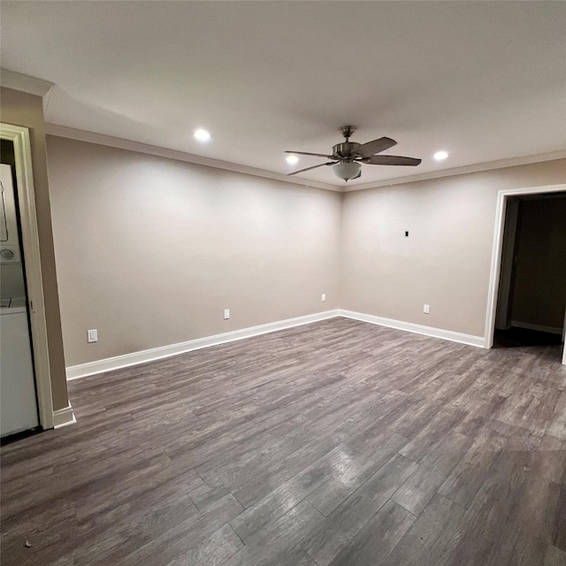 1311 Antoine Dr Unit 155, Houston, TX 77055 - empty room featuring recessed lighting, dark wood-style flooring, ceiling fan, baseboards, and crown molding