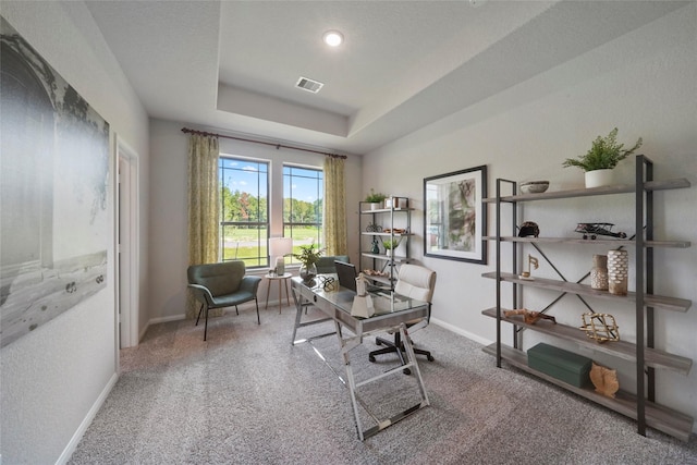 carpeted office with baseboards and a raised ceiling