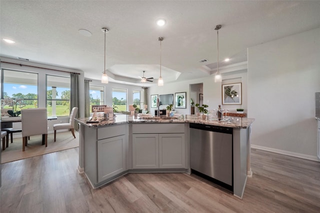 kitchen featuring dishwasher, a tray ceiling, light wood-type flooring, light stone countertops, and recessed lighting