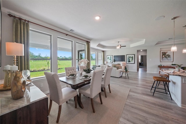 dining area featuring a raised ceiling, baseboards, light wood-type flooring, and ceiling fan