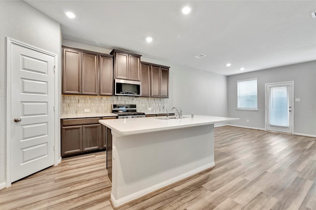 kitchen with stainless steel appliances, a sink, tasteful backsplash, light wood finished floors, and a center island with sink