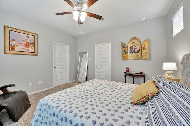 bedroom featuring carpet flooring, baseboards, and ceiling fan