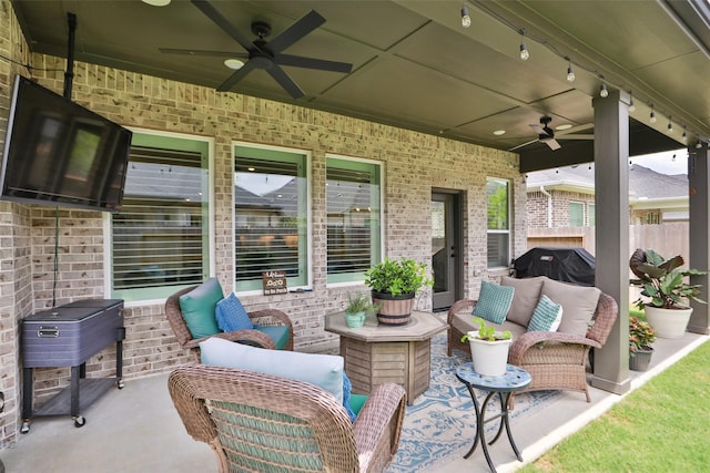 29622 Cedar Elm Way, Tomball, TX 77375 - view of patio / terrace featuring a ceiling fan, outdoor lounge area, fence, and grilling area
