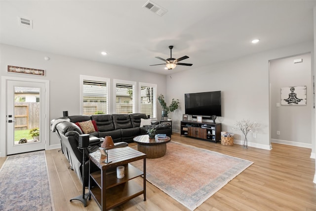 29622 Cedar Elm Way, Tomball, TX 77375 - living room with light wood-style flooring, ceiling fan, baseboards, and recessed lighting