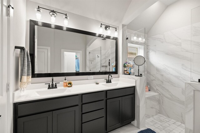 29622 Cedar Elm Way, Tomball, TX 77375 - full bath with a walk in shower, double vanity, and lofted ceiling
