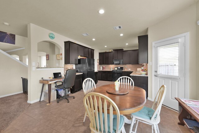 dining room featuring light tile patterned floors, a desk, recessed lighting, and baseboards