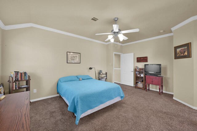 carpeted bedroom featuring baseboards, ceiling fan, and ornamental molding