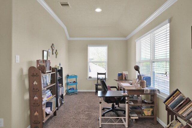 home office featuring carpet flooring, baseboards, and ornamental molding