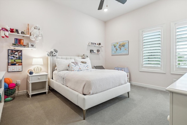bedroom with carpet flooring, baseboards, a ceiling fan, and recessed lighting