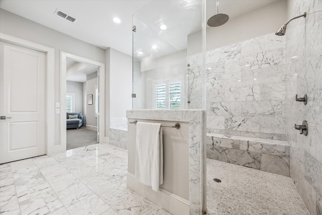 bathroom featuring a marble finish shower, marble finish flooring, recessed lighting, and connected bathroom