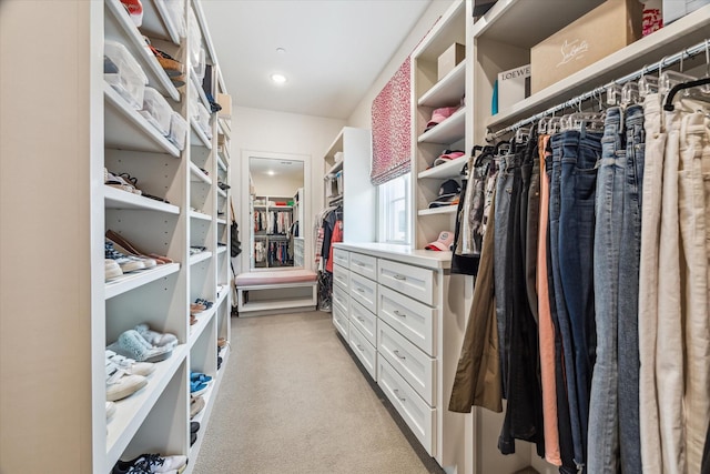 spacious closet featuring light colored carpet
