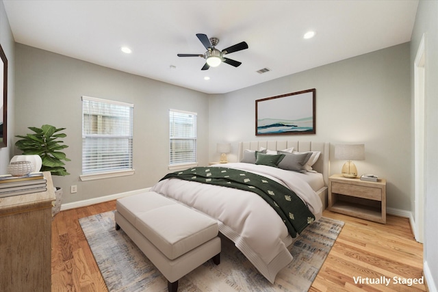 907 Rhode Pl Unit C, Houston, TX 77019 - bedroom with light wood-style flooring, baseboards, recessed lighting, and a ceiling fan