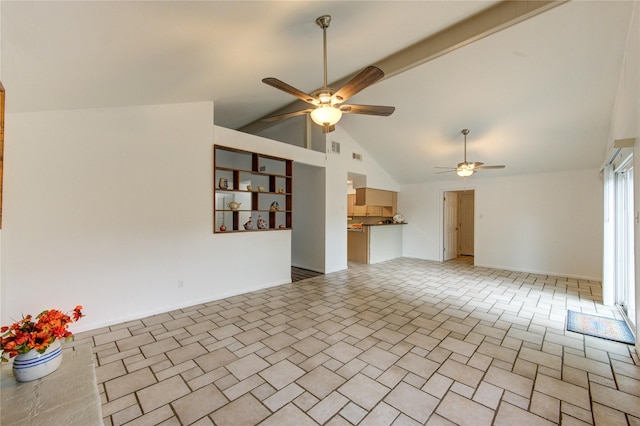 unfurnished living room featuring ceiling fan, high vaulted ceiling, and baseboards