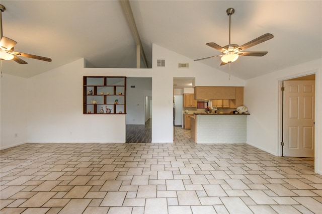 unfurnished living room featuring ceiling fan, baseboards, high vaulted ceiling, and beam ceiling