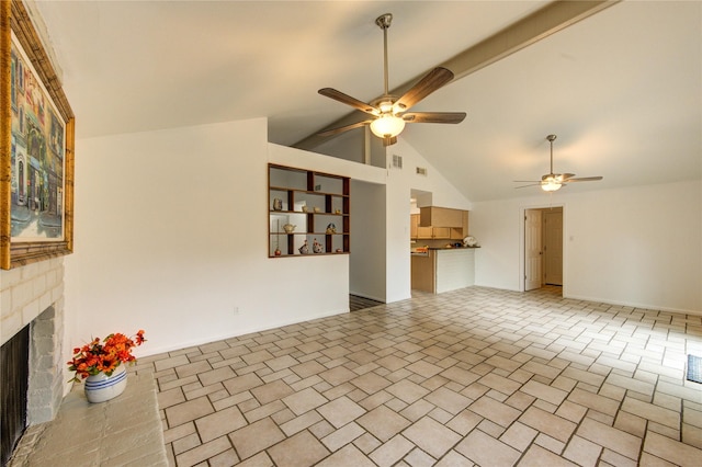 unfurnished living room featuring ceiling fan, a stone fireplace, baseboards, and high vaulted ceiling
