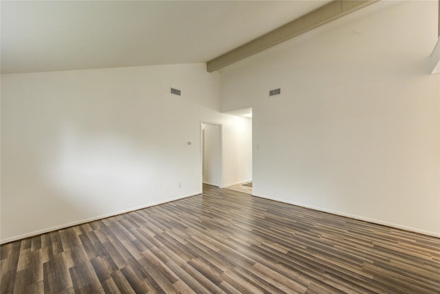 unfurnished room featuring dark wood-style flooring, beamed ceiling, high vaulted ceiling, and baseboards