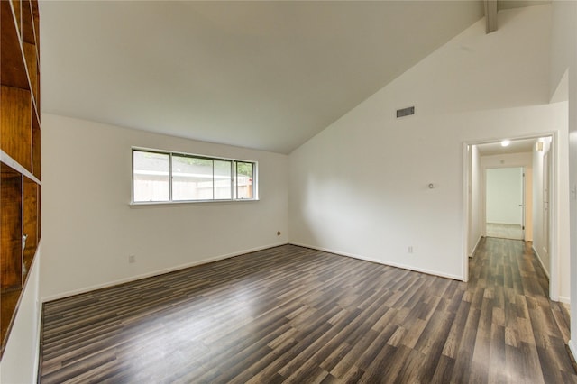 unfurnished room featuring dark wood-style floors, high vaulted ceiling, beamed ceiling, and baseboards