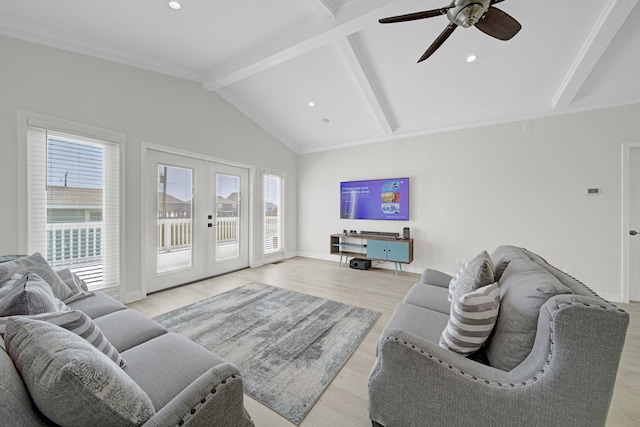 119 Nesmith Pl, Surfside Beach, TX 77541 - living room featuring healthy amount of natural light, french doors, ceiling fan, light wood-style flooring, and recessed lighting