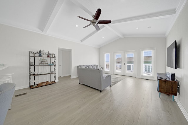 119 Nesmith Pl, Surfside Beach, TX 77541 - living room with french doors, ceiling fan, light wood-style flooring, and baseboards