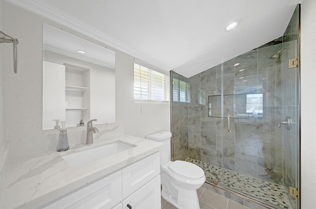 119 Nesmith Pl, Surfside Beach, TX 77541 - full bathroom with toilet, vanity, a stall shower, ornamental molding, and tile patterned flooring