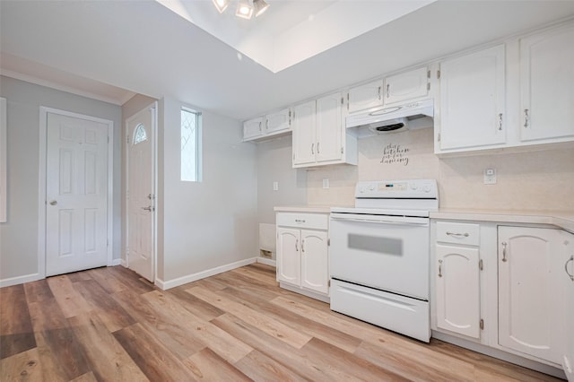 14555 Wunderlich Dr Unit 2307, Houston, TX 77069 - kitchen featuring white electric range oven, under cabinet range hood, light countertops, white cabinetry, and light wood finished floors
