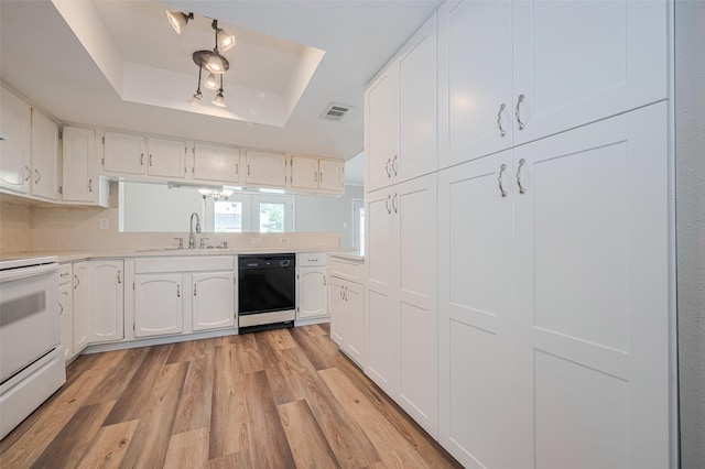 14555 Wunderlich Dr Unit 2307, Houston, TX 77069 - kitchen with dishwasher, a raised ceiling, electric stove, light wood finished floors, and white cabinets
