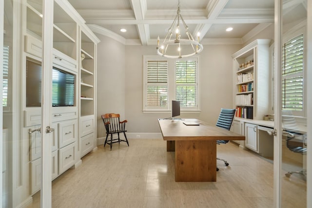 4606 W Alabama St, Houston, TX 77027 - home office with beamed ceiling, coffered ceiling, a chandelier, crown molding, and light wood-style flooring