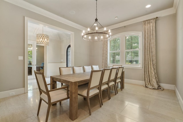 4606 W Alabama St, Houston, TX 77027 - dining space featuring a chandelier, arched walkways, baseboards, crown molding, and light tile patterned floors