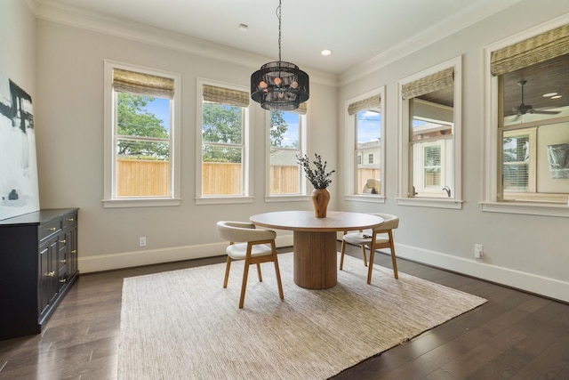 4606 W Alabama St, Houston, TX 77027 - dining space with a chandelier, baseboards, crown molding, dark wood-style floors, and a ceiling fan