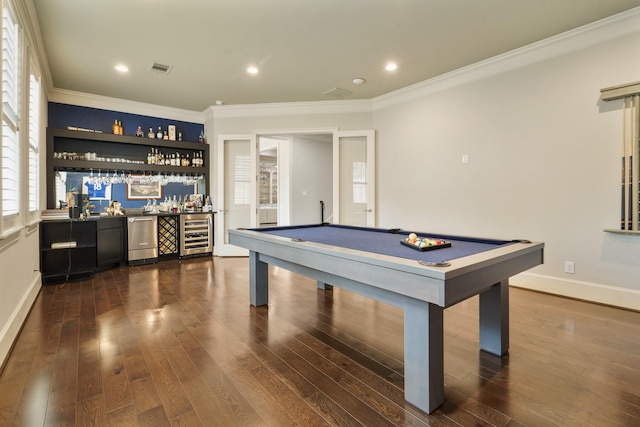 4606 W Alabama St, Houston, TX 77027 - recreation room featuring beverage cooler, a dry bar, pool table, dark wood-type flooring, and ornamental molding