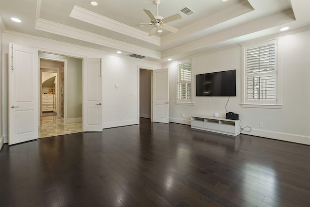 4606 W Alabama St, Houston, TX 77027 - unfurnished living room featuring a raised ceiling, a ceiling fan, hardwood / wood-style floors, ornamental molding, and recessed lighting
