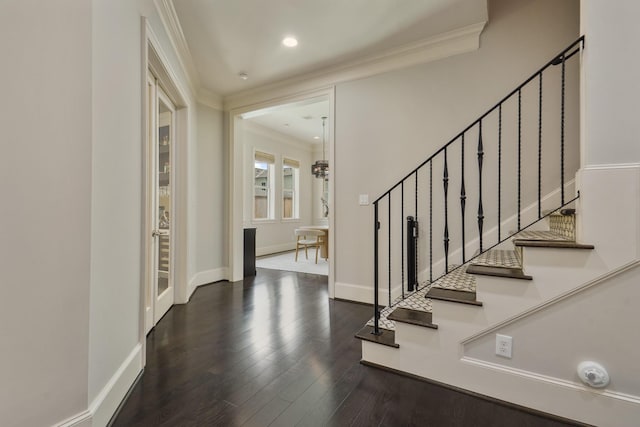 4606 W Alabama St, Houston, TX 77027 - entryway with ornamental molding, stairs, wood finished floors, baseboards, and recessed lighting