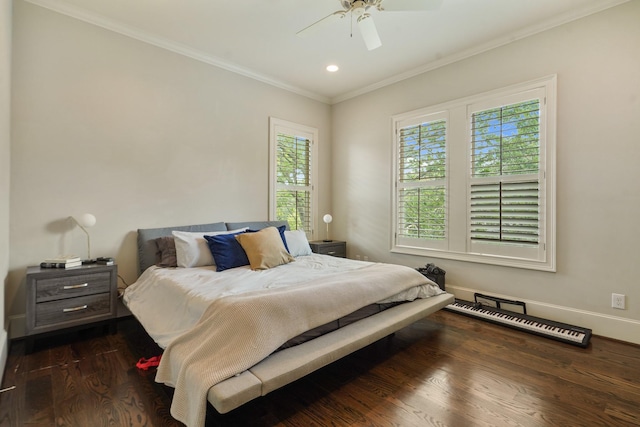 4606 W Alabama St, Houston, TX 77027 - bedroom featuring dark wood-type flooring, crown molding, recessed lighting, baseboards, and a ceiling fan