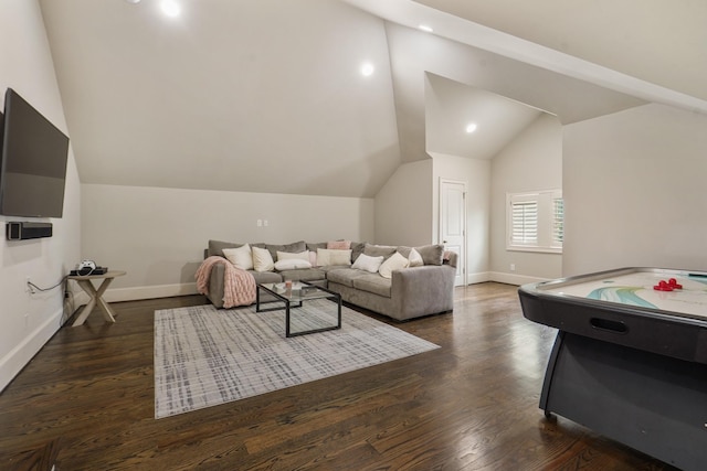 4606 W Alabama St, Houston, TX 77027 - recreation room featuring vaulted ceiling, dark wood finished floors, and baseboards