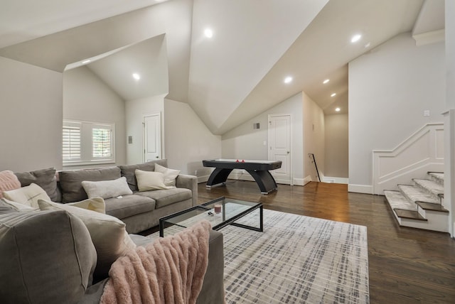 4606 W Alabama St, Houston, TX 77027 - living area with dark wood-style flooring, lofted ceiling, recessed lighting, stairway, and baseboards