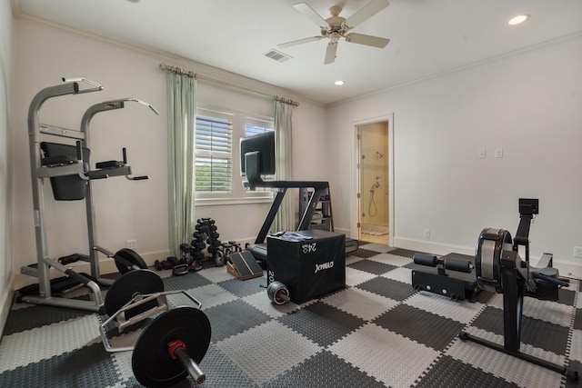 4606 W Alabama St, Houston, TX 77027 - workout room featuring ceiling fan, baseboards, recessed lighting, ornamental molding, and carpet