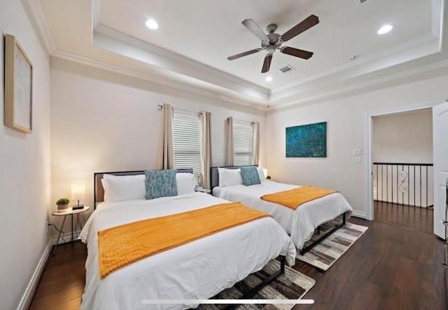 1606 Parker St, Houston, TX 77007 - bedroom with a raised ceiling, ornamental molding, wood finished floors, baseboards, and recessed lighting
