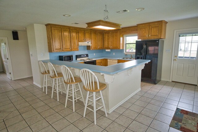 5361 County Road 868e, Brazoria, TX 77422 - kitchen with black fridge with ice dispenser, stainless steel microwave, electric range, under cabinet range hood, and a sink