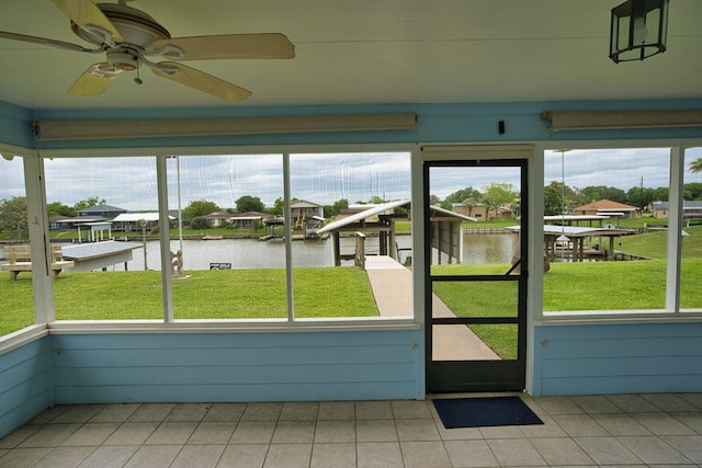 5361 County Road 868e, Brazoria, TX 77422 - unfurnished sunroom featuring a water view, ceiling fan, and plenty of natural light