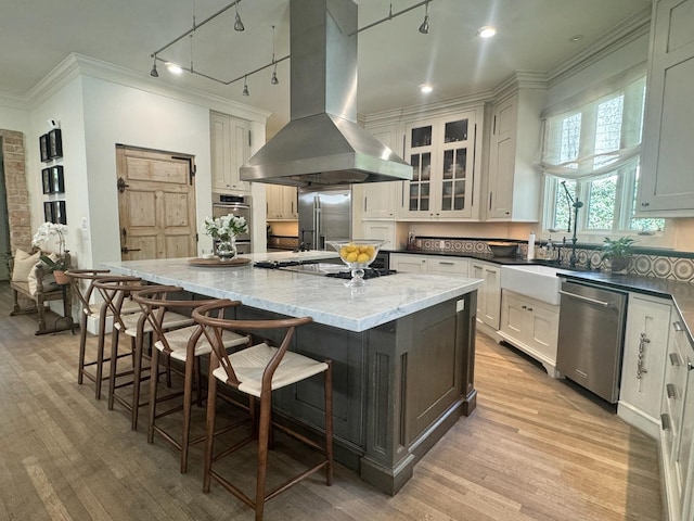 3911 Swarthmore St, Houston, TX 77005 - kitchen with island range hood, stainless steel appliances, track lighting, a spacious island, and crown molding