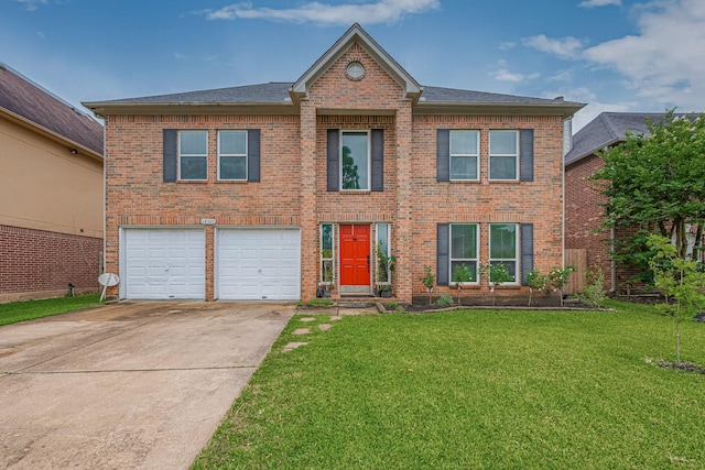 view of front of house featuring brick siding, driveway, a front lawn, and an attached garage