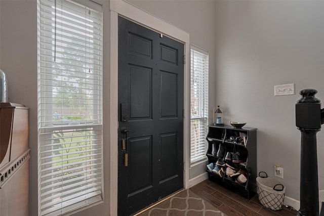 foyer featuring baseboards, plenty of natural light, and dark wood-type flooring