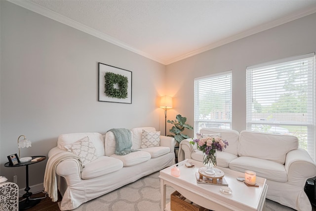 living area with crown molding, wood finished floors, and baseboards