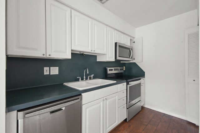 2211 Willow Point Dr, Houston, TX 77339 - kitchen featuring stainless steel appliances, a sink, dark wood-style floors, and white cabinets