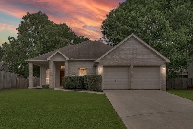 3722 Lovers Ln, Montgomery, TX 77356 - ranch-style house with an attached garage, driveway, brick siding, roof with shingles, and a chimney