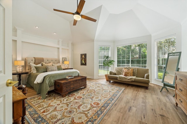 15411 Parkwood Way, Houston, TX 77059 - bedroom featuring high vaulted ceiling, light wood-style flooring, access to outside, ceiling fan, and baseboards