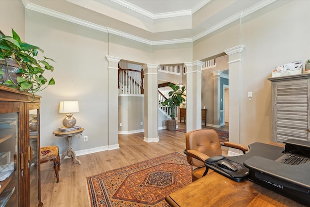 15411 Parkwood Way, Houston, TX 77059 - office space featuring ornate columns, wood finished floors, crown molding, baseboards, and a tray ceiling